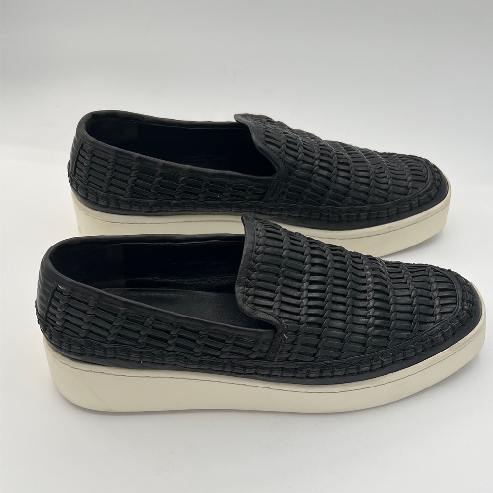 VINCE Stafford Women's Woven Leather Platform Slip On Sneakers Black Size 6